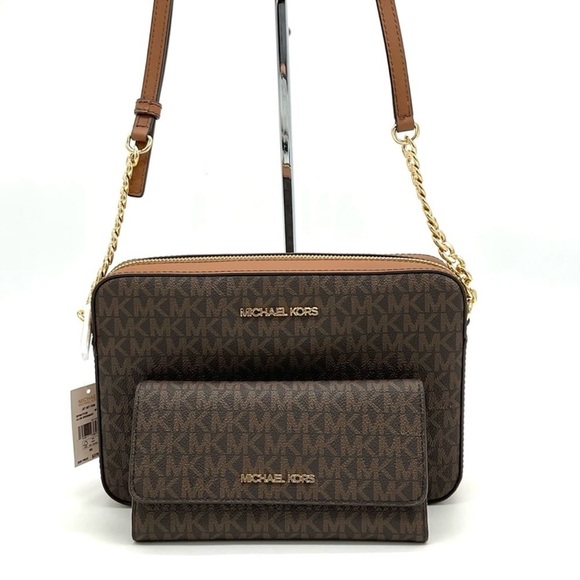 Michael Kors Large EW Crossbody Bag & Large Trifold Wallet Brown/ Gold - Picture 1 of 13